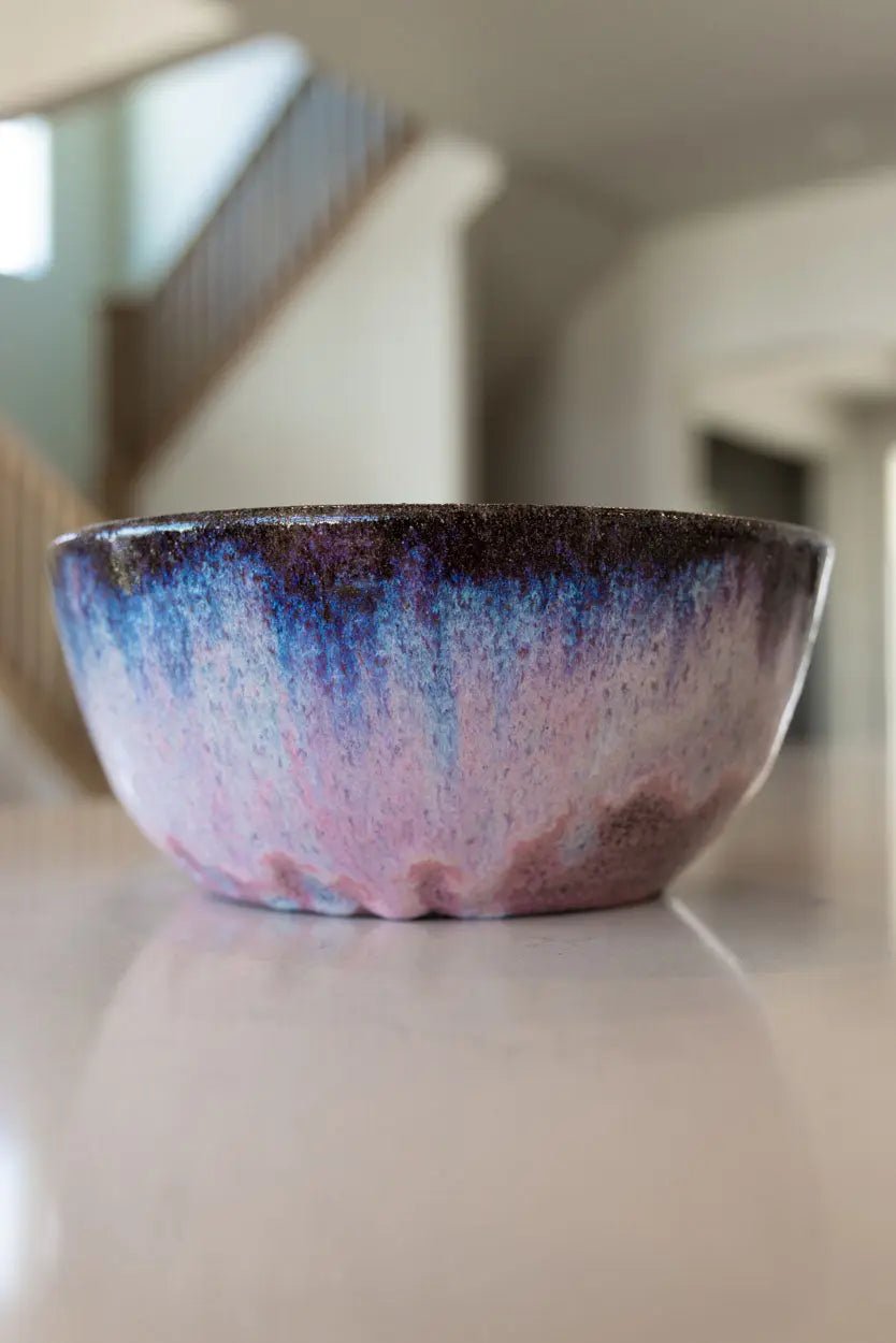 Large Decorative Bowl: Pinks, Browns, and Blues