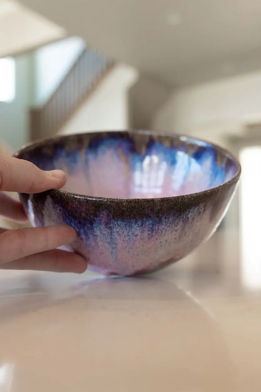 Large Decorative Bowl: Pinks, Browns, and Blues