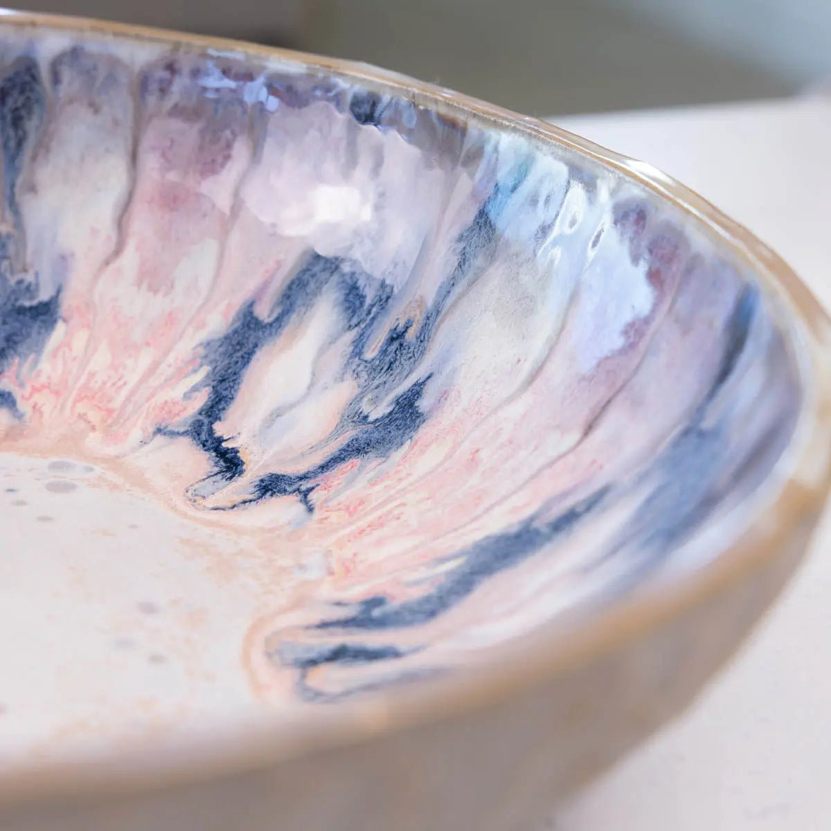 XXL Gray Stoneware Serving/Decorative Bowl Pinks, Blues, & Grays (Alchemy Collection)