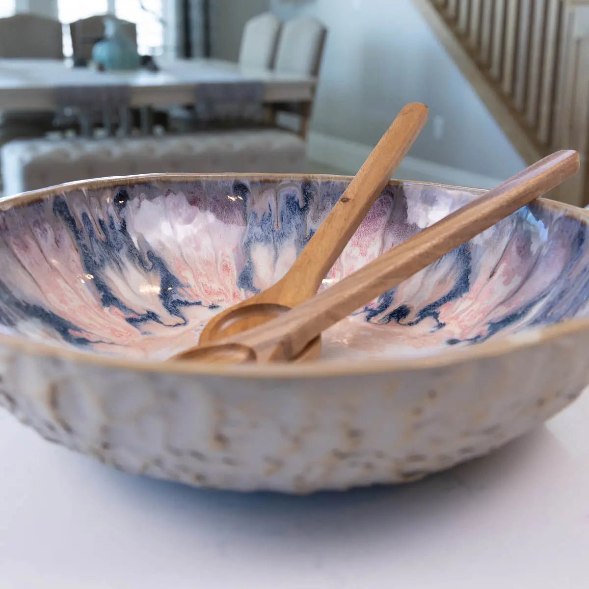 XXL Gray Stoneware Serving/Decorative Bowl Pinks, Blues, & Grays (Alchemy Collection)