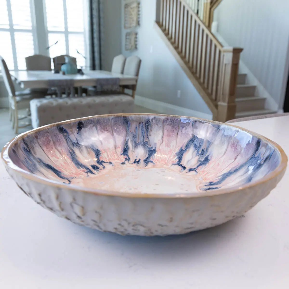 XXL Gray Stoneware Serving/Decorative Bowl Pinks, Blues, & Grays (Alchemy Collection)